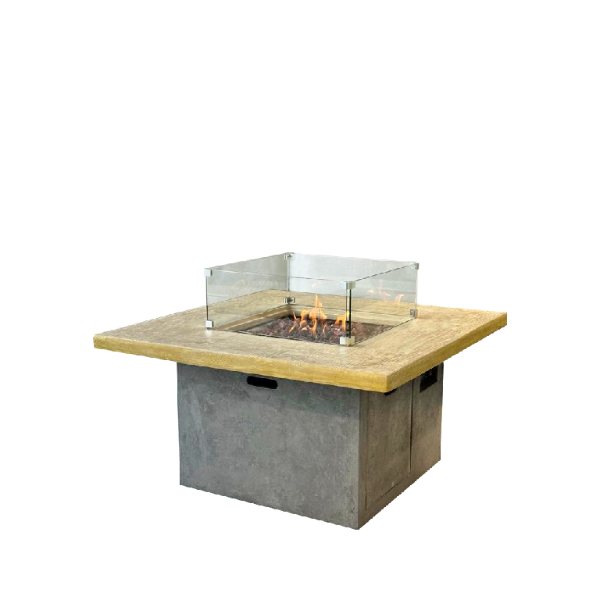 Altair Rustic Square Fire Pit with Glass Surround & Wood Effect Top
