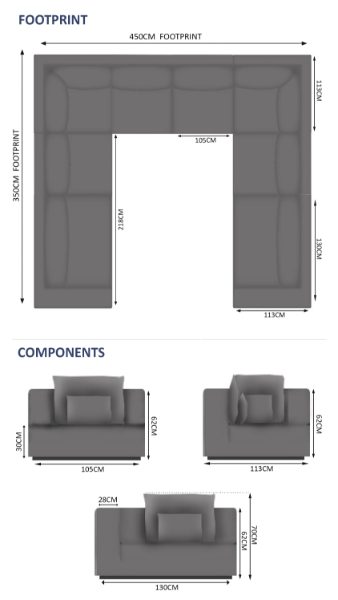 Belgravia 10 Seater U-Shape Sofa Set - 1x Left, 1x Right, 2x Corner, 4x Middles